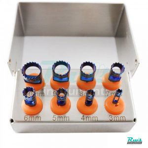 Dental Implant TREPHINE DRILLS KIT 8 Pcs Blue Plasma Coated with FREE Bur Holder